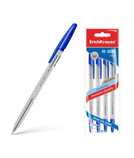 Erichkrause Pack de 4 Boligrafos R-301 Classic Stick 1.0 - Cuerpo Transparente Hexagonal - Punta de 1.0mm - Tinta de Secado Rapi