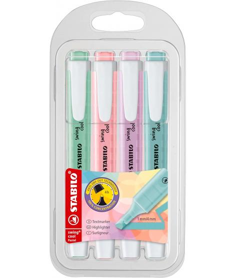 Stabilo Swing Cool Pastel Pack de 4 Marcadores Fluorescentes - Cuerpo Plano - Punta Biselada - Trazo entre 1 y 4mm - Tinta con B