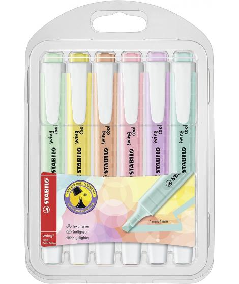 Stabilo Swing Cool Pastel Pack de 6 Marcadores Fluorescentes - Cuerpo Plano - Punta Biselada - Trazo entre 1 y 4mm - Tinta con B