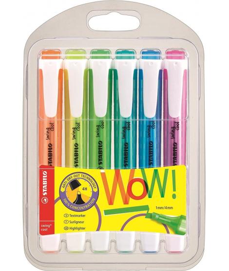 Stabilo Swing Cool Pack de 6 Marcadores Fluorescentes - Cuerpo Plano - Punta Biselada - Trazo entre 1 y 4mm - Tinta con Base de 