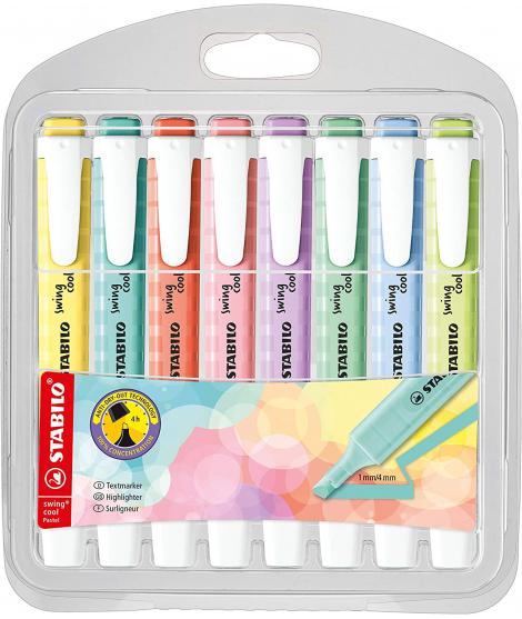 Stabilo Swing Cool Pastel Pack de 8 Marcadores Fluorescentes - Cuerpo Plano - Punta Biselada - Trazo entre 1 y 4mm - Tinta con B