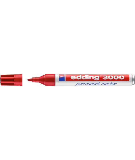 Edding 3000 Rotulador Permanente - Punta Redonda de 1.5mm - Trazo entre 1.5 y 3mm - Recargable - Secado Rapido - Color Rojo