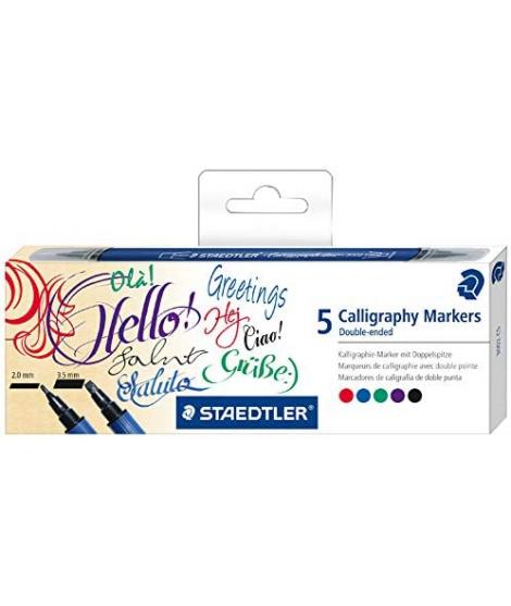 Staedtler 3002 Pack de 5 Rotuladores de Doble Punta para Caligrafia - Tinta Base de Agua - Colores Surtidos