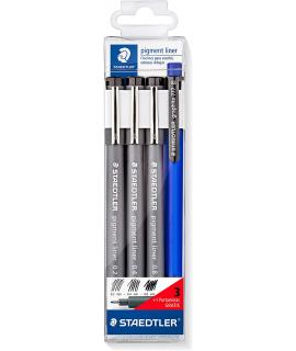 Staedtler Pigment Liner 308 Pack de 3 Rotuladores Calibrados 0,2 0,4 y 0,8mm + 1 Portaminas 0.5mm - Secado Rapido - Color Negro