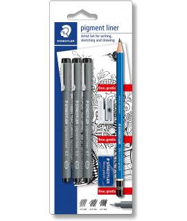 Staedtler Pigment Liner 308 Pack de 3 Rotuladores Calibrados Negros, Trazos Surtidos + 1 Goma de Borrar + 1 Sacapuntas + 1 Lapiz