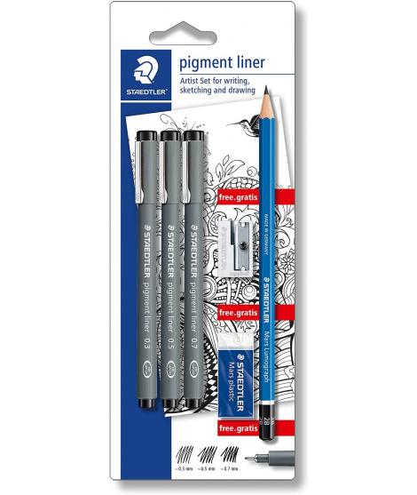 Staedtler Pigment Liner 308 Pack de 3 Rotuladores Calibrados Negros, Trazos Surtidos + 1 Goma de Borrar + 1 Sacapuntas + 1 Lapiz