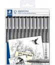 Staedtler Pigment Liner 308 Pack de 12 Rotuladores Calibrados - Tamaños de Puntas Surtidos - Color Negro