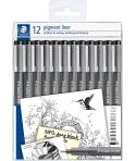 Staedtler Pigment Liner 308 Pack de 12 Rotuladores Calibrados - Tamaños de Puntas Surtidos - Color Negro