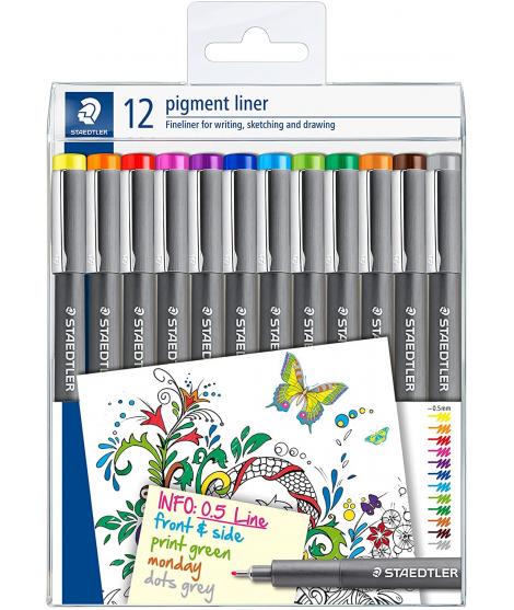 Staedtler Pigment Liner 308 Pack de 12 Rotuladores Calibrados - Trazo 0.5mm - Secado Rapido - Colores Surtidos