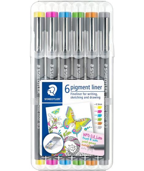 Staedtler Pigment Liner 308 Pack de 6 Rotuladores Calibrados - Trazo 0.3mm - Secado Rapido - Colores Surtidos