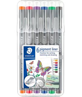 Staedtler Pigment Liner 308 Pack de 6 Rotuladores Calibrados - Trazo 0.5mm - Secado Rapido - Colores Surtidos