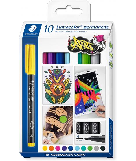 Staedtler Lumocolor 317 Pack de 10 Rotuladores Permanentes - Punta Media Redonda - Trazo 1mm Aprox - Capuchon con Clip -