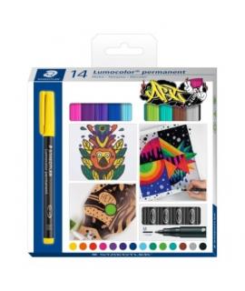 Staedtler Lumocolor 317 Pack de 14 Rotuladores Permanentes - Punta Media Redonda - Trazo 1mm Aprox - Capuchon con Clip - Secado 