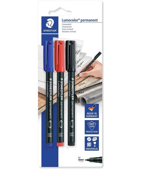 Staedtler Lumocolor Permanent Pen 317 Pack de 3 Rotuladores Permanentes - Trazo de 1mm Aprox - Secado Rapido - Colores Surtidos