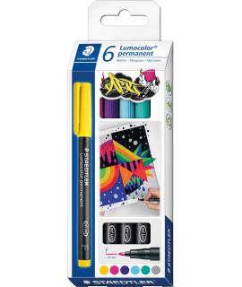 Staedtler Lumocolor 318 C6 Pack de 6 Rotuladores Permanentes - Trazo de 0.6mm Aprox - Secado Rapido - Colores Surtidos