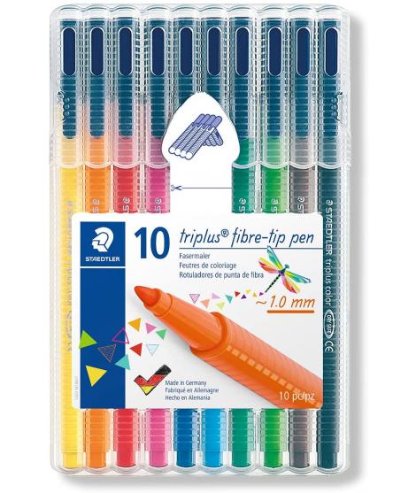 Staedtler Triplus Color 323 Pack de 10 Rotuladores de Punta Fina - Trazo de 1mm Aprox - Tinta Base de Agua - Colores Surtidos