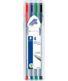 Staedtler Triplus Fineliner 334 Pack de 4 Rotuladores de Punta Fina - Trazo 0.3 mm Aprox - Tinta Base de Agua - Colores Surtidos