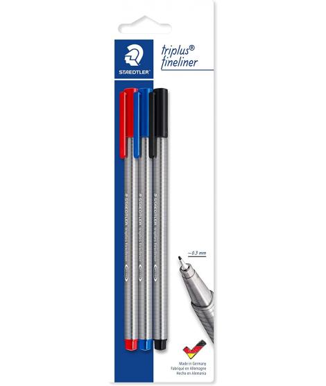 Staedtler Triplus Fineliner 334 Pack de 3 Rotuladores de Punta Fina - Trazo de 0.3mm Aprox - Diseño Ergonomico - Tinta Base de A