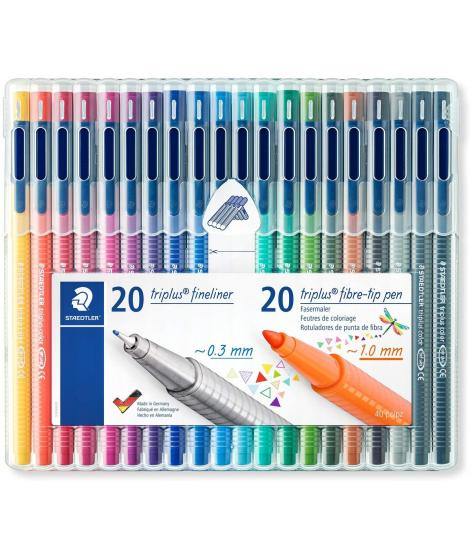 Staedtler Triplus Pack de 20 Rotuladores de Punta Fina 0.3mm + 20 Rotuladores de Punta Fibra 1mm - Capuchon con Clip - Colores S