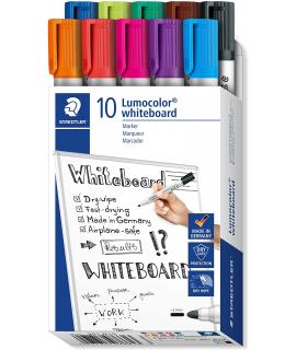 Staedtler Lumocolor 351 Pack de 10 Marcadores para Pizarra Blanca - Punta 2mm Aprox - Secado Rapido - Colores Surtidos