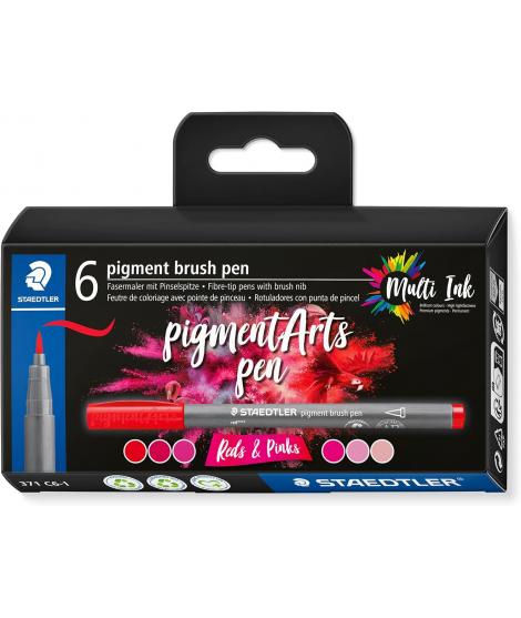 Staedtler 371 Pack de 6 Rotuladores Punta de Pincel Suave - Nueva Tinta Multi Ink - Pigmentos de Primera Calidad - Colores