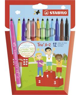 Stabilo Trio AZ Pack de 12 Rotulador de Punta Fina de Fibra - Trazo 0.7mm - Tinta Super Lavable - Forma Triangular - Colores Sur