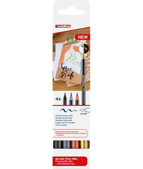 Edding 1340 Brush Pack de 4 Rotuladores - Punta Pincel Flexible - Trazo 1-3mm - Tinta con Base de Agua - Colores Oro, Negro,