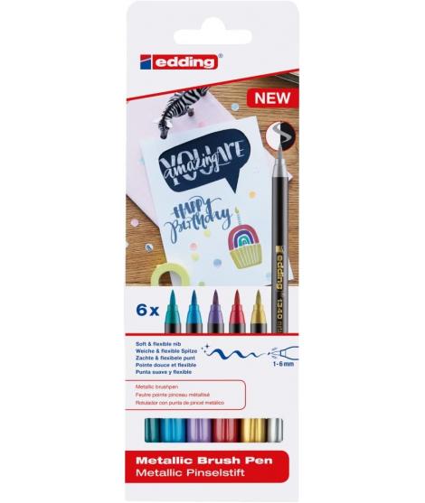 Edding 1340 Brush Pack de 6 Rotuladores - Punta Pincel Flexible - Trazo 1-3mm - Tinta con Base de Agua - Colores Oro, Rojo, Azul