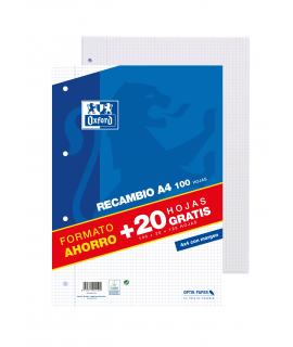 Oxford Recambio Formato A4 Cuadriculado 4x4mm 4 Taladros - 100 Hojas + 20 Gratis 90gr con Margen