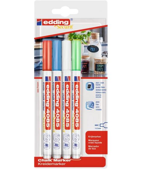 Edding 4085 Basicos Pack de 4 Rotuladores de Tiza Liquida - Punta Redonda - Trazo 1-3mm - Olor Neutro - Colores Blanco, Azul, Ve