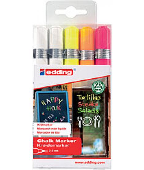 Edding 4095 Pack de 5 Rotuladores de Tiza Liquida - Punta Redonda - Trazo 2-3mm - Olor Neutro - Colores Blanco x2, Amarillo, Nar