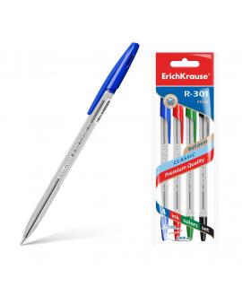 Erichkrause R-301 Pack de 4 Boligrafos de Bola Punta 1.0mm - Trazo 0.5mm - Tinta de Secado Rapido - Cuerpo Transparente - Capuch