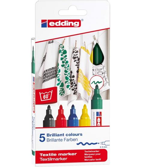 Edding 4500 Basicos Pack de 5 Rotuladores Permanentes para Textil - Punta Redonda - Trazo 2-3mm - Olor Neutro - Secado Rapido