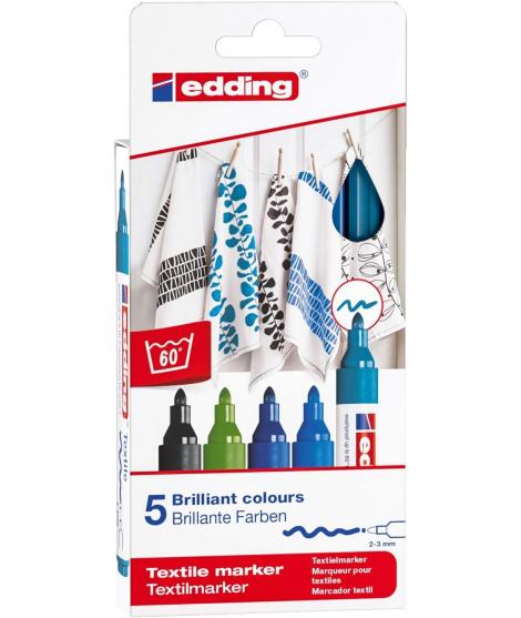 Edding 4500 Colores Frios Pack de 5 Rotuladores Permanentes para Textil - Punta Redonda - Trazo 2-3mm - Olor Neutro - Secado Rap