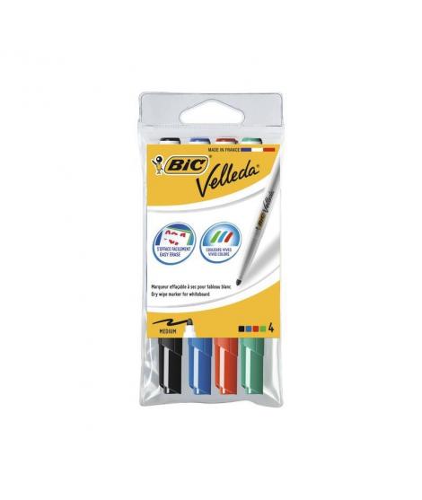 Bic Velleda 1741 Pack de 4 Rotuladores para Pizarra - Punta Media - Trazo de 1.4mm - Borrado Optimo - Colores Surtidos