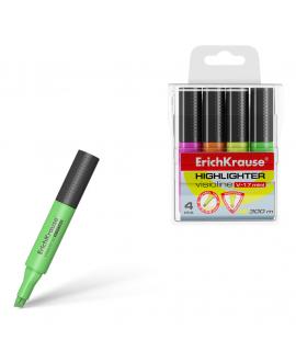 Erichkrause Visioline V-17 Mini Pack de 4 Marcadores - Fluorescente - Punta Biselada - Set de 4 Colores: Amarillo, Verde, Rosa, 