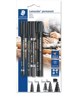 Staedtler Lumocolor Permanent Pack de 4 Rotuladores Permanentes - Diferentes Puntas - Resistente al Agua - Recargables - Color N