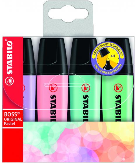 Stabilo Boss 70 Pastel Pack de 4 Rotuladores Marcadores Fluorescentes - Trazo entre 2 y 5mm - Recargable - Tinta con Base de Agu