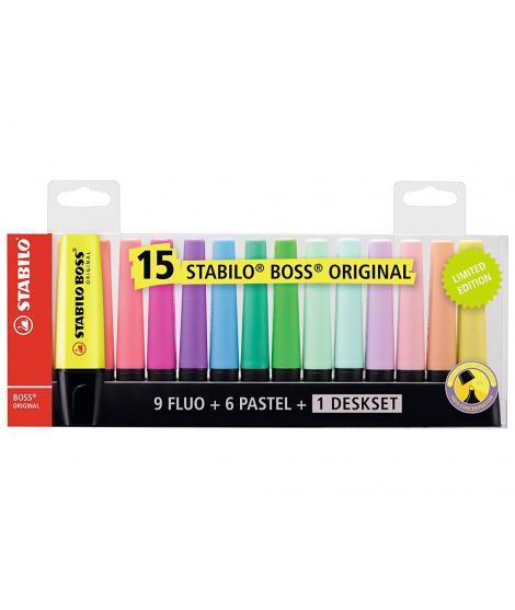 Stabilo Boss 70 Pack de 15 Marcadores Fluorescente - Trazo entre 2 y 5mm - Recargable - Tinta con Base de Agua - Colores Surtido