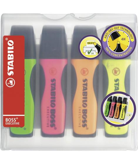 Stabilo Boss Executive Pack de 4 Marcadores Fluorescentes - Zona de Agarre - Trazo entre 2 y 5mm - Recargable - Tinta con Base d