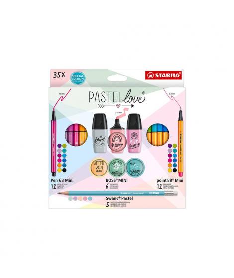 Stabilo Pastellove Pack de 35 Marcadores y Rotuladores - 12 Rotuladores Premium Pen 68 Mini, 12 Rotuladores Point 88 Mini, 6 Rot