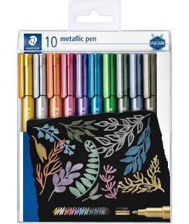 Staedtler Metallic Pen Pack de 10 Rotuladores de Punta Fina - Tinta Base de Agua - Trazo 1 - 2mm Aprox - Colores Surtidos