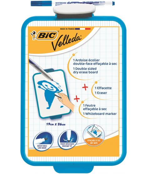 Bic Velleda Pizarra Escolar Dos Superficies Blanca y Milimetrada + 1 Marcador Velleda Azul + 1 Borrador - Dimensiones: 26x19 cm