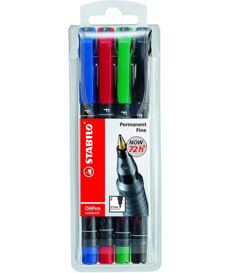 Stabilo OHPen Pack de 4 Rotuladores Permanentes - Punta Fina - Trazo de 0.7mm - Agarre Antideslizante - Tapon Ventilado - Colore