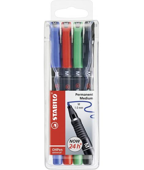 Stabilo OHPen Pack de 4 Rotuladores Permanentes - Punta Media - Trazo de 1mm - Agarre Antideslizante - Tapon Ventilado - Colores