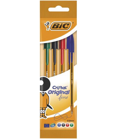 Bic Cristal Original Fine Pack de 4 Boligrafos de Bola - Punta Redonda de 0.8mm - Trazo de 0.30mm - Tinta con Base de Aceite -