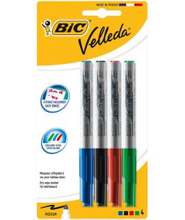 Bic Velleda 1741 Pack de 4 Rotuladores para Pizarra - Punta Media - Trazo de 1.4mm - Borrado Optimo - Colores Surtidos