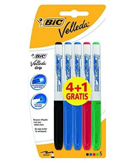 Bic Velleda Grip 4+1 Pack de 5 Rotuladores para Pizarra - Zona con Grip - Punta Media - Trazo de 1.2mm - Borrado Optimo - Colore