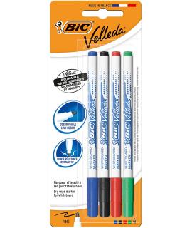 Bic Velleda 1721 Pack de 4 Rotuladores para Pizarra - Punta Fina - Trazo de 1.6mm - Borrado Optimo - Colores Surtidos