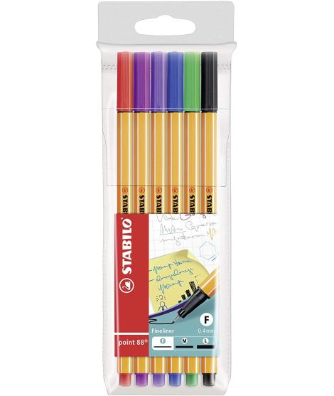 Stabilo Point 88 Pack de 6 Rotuladores de Punta Fina de Fibra - Trazo de 0.4 mm - Tinta con Base de Agua - Colores Surtidos